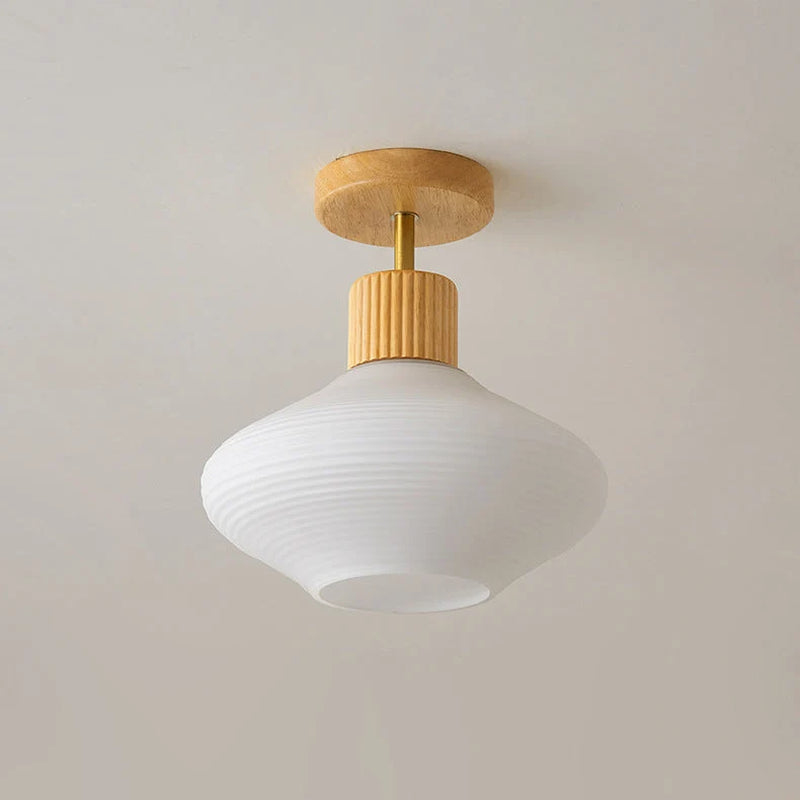 Moderne Japandi Plafondlamp – Walnoot & Hout Met Glazen Kap