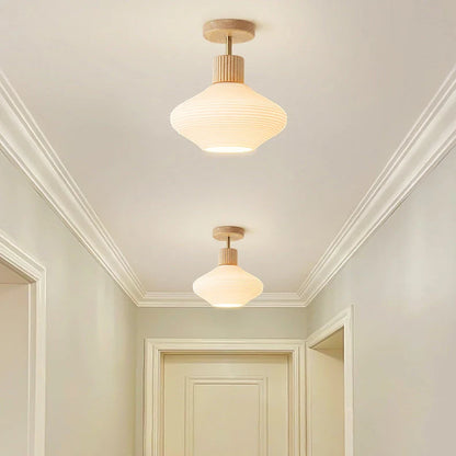 Moderne Japandi Plafondlamp – Walnoot & Hout Met Glazen Kap