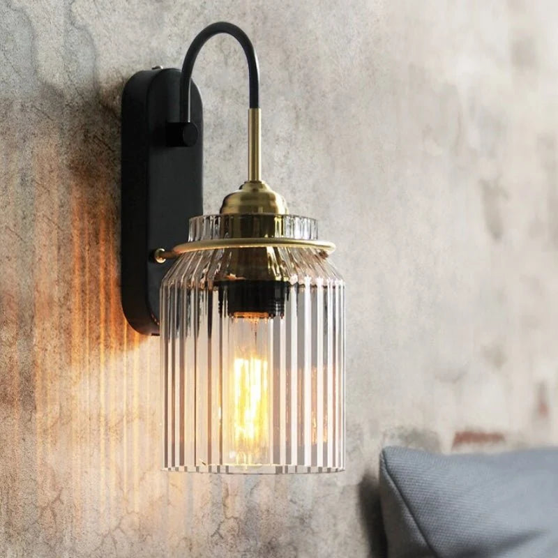 Vintage Wall Lamp with Ribbed Glass Shade