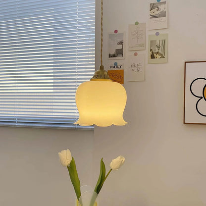 Luxora Cream Glass Flower Pendant Light, Brass Top Nordic Hanging Lamp