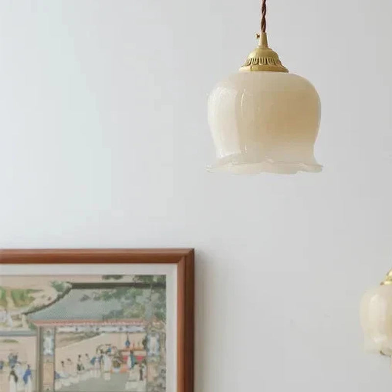 Luxora Cream Glass Flower Pendant Light, Brass Top Nordic Hanging Lamp