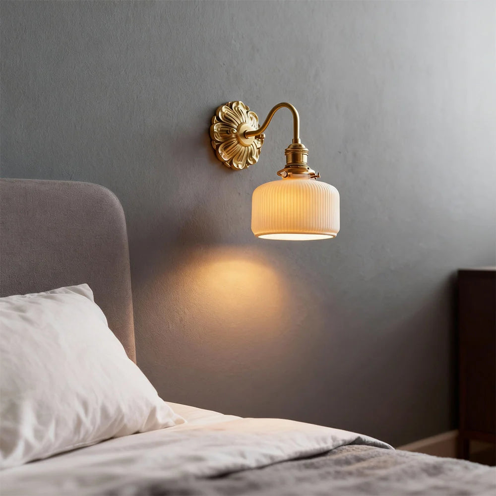 Luxroyale Mid-Century French Countryside Brass Ceramic Wall Lamp