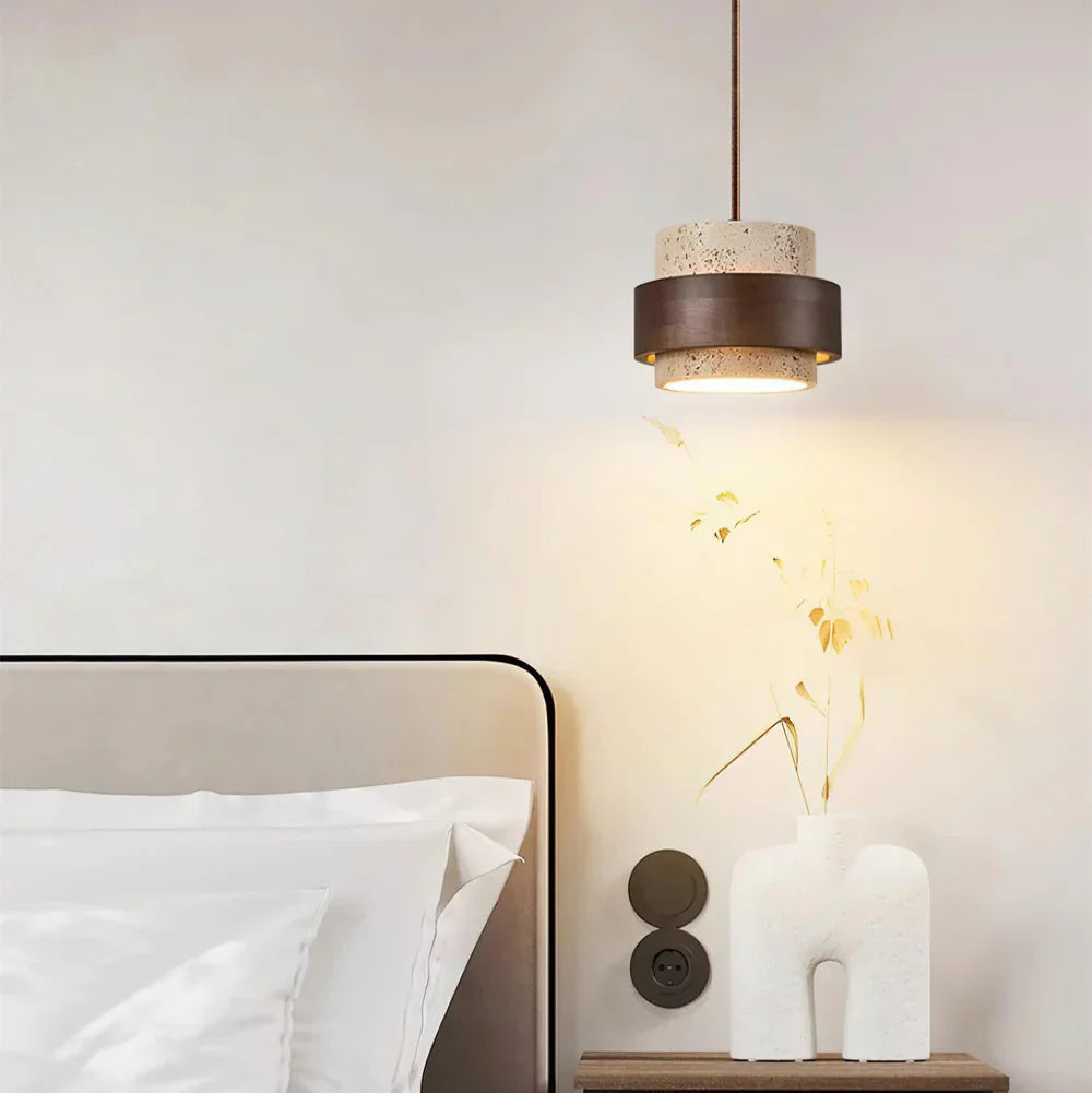 Travertine Stone Pendant Light with Walnut Accent Modern | Stonira