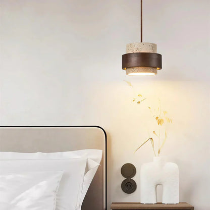 Travertine Stone Pendant Light with Walnut Accent Modern | Stonira