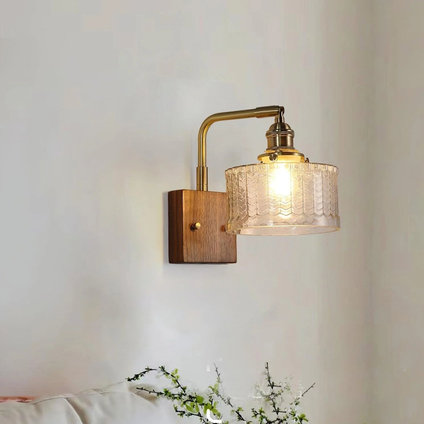 Camela Wall Lamp | Rustic Green Glass & Wood Sconce | Fish Scale Art Glass Lighting | E26/E27 LED or Incandescent | Living Room Bedroom Hallway