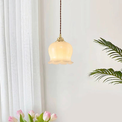 Luxora Cream Glass Flower Pendant Light, Brass Top Nordic Hanging Lamp