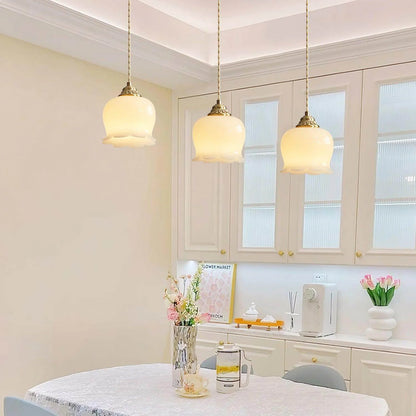 Luxora Cream Glass Flower Pendant Light, Brass Top Nordic Hanging Lamp