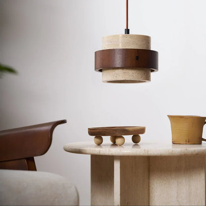 Travertine Stone Pendant Light with Walnut Accent Modern | Stonira