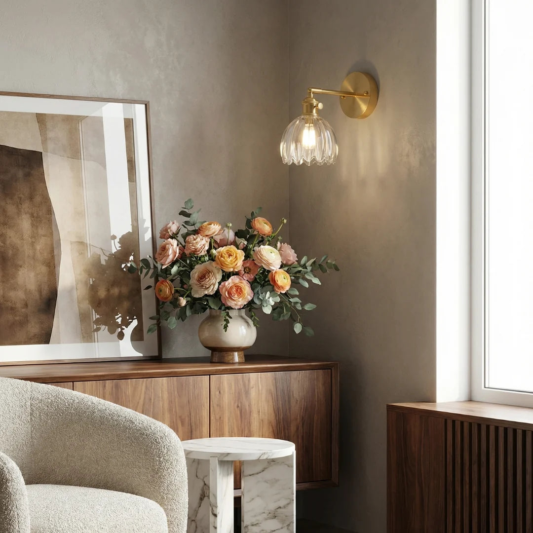 Lumen Collection | Wall Lamp with Tulip Glass Shade & Adjustable Head | Elegant Wall Light for Cozy Ambiance