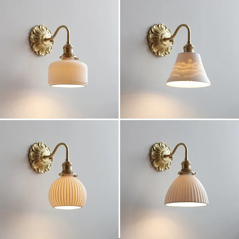 Luxroyale Mid-Century French Countryside Brass Ceramic Wall Lamp