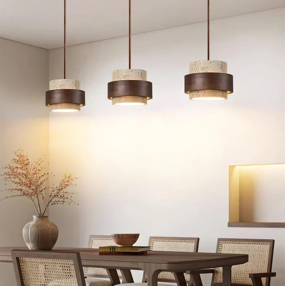 Travertine Stone Pendant Light with Walnut Accent Modern | Stonira