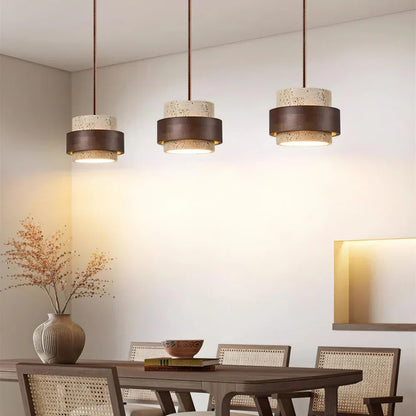 Travertine Stone Pendant Light with Walnut Accent Modern | Stonira